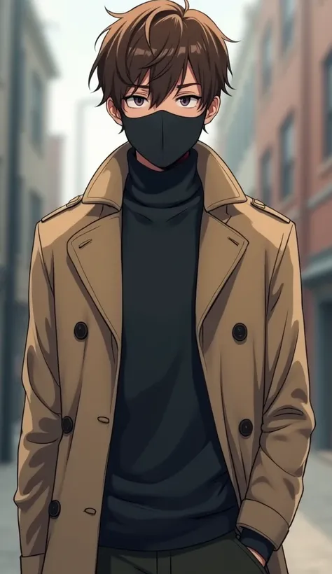 illustration character, man, young, brown hair, wearing a mask that covers his entire face, without eyes and mouth, wearing a trench coat, full body, blurred background, animated manga style, (full body)