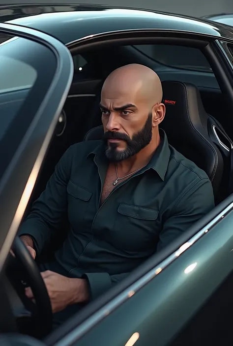 A slightly dark skinned ,  almost bald ,  man with a shaved beard sits in an expensive anime-style car