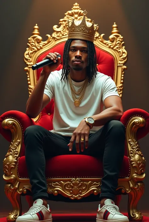 A young singer with a microphone in his hand a crown on his head sitting on a kings throne wearing sneakers from Gucci Zara t-shirt with braids 