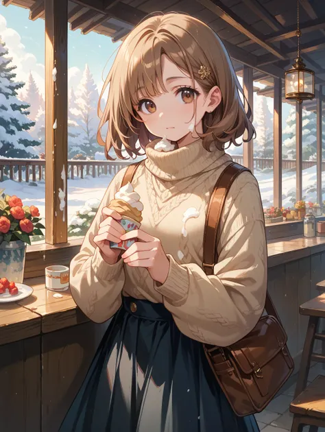   girl with brown brown hair.winter style .  brown eyes .beautiful skirt. and long sweater  . clothes light brown . natural brown  ,cream.