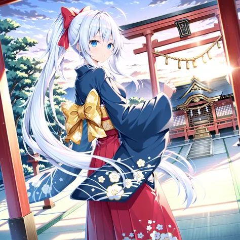 1 girl, Ultra-detailed, best quality, white hair, ponytail, red eye ,blue eye,shadow,arcadia,Japanese clothes,shrine,sunrise,new year,,[artist:rin yuu]