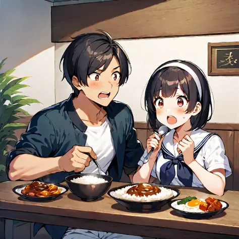 1girl, blush, short hair, open mouth, bangs, seifuku, black hair, red eyes, 1boy, holding, sitting, jacket, white shirt, short sleeves, hairband, food, open clothes, teeth, indoors, dark skin, seifuku, cup, sailor, siblings, eating, table, plate, bowl, wid...