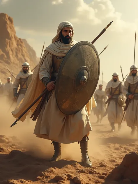 A companion of the prophet Muhammad PBUH blocks an arrow with a shield in the battle of Uhud, realistic cinematic image