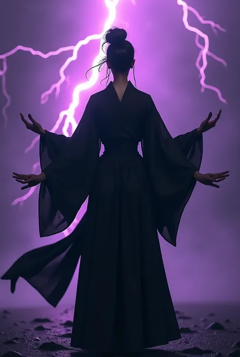  woman in a blindfolded black ponytel with four arms standing in the middle and facing backwards、Standing in the middle and facing backwards、 black kimono、 has a Japanese sword、purple thunder in the background