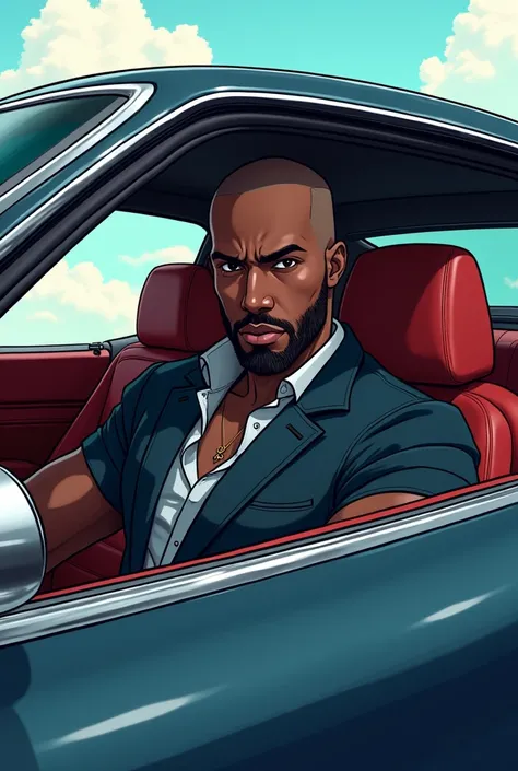  A man with dark skin,  almost bald , with a shaved beard , sitting in an expensive car ,  anime style 