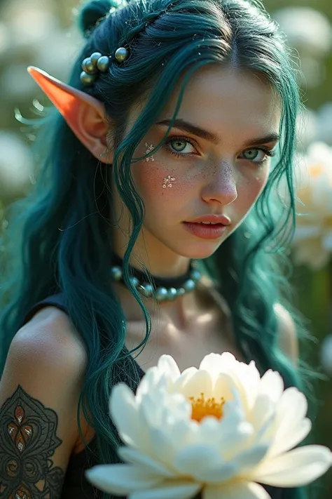 image of an elf woman
 attractive freckles with collares y pulseras de bolas de madera y plata hair black and very turquoise, tips very long in the wind with braids and silver beads in her hair,  her light gray eyes  ,  with snowflakes and fantasy , dresse...