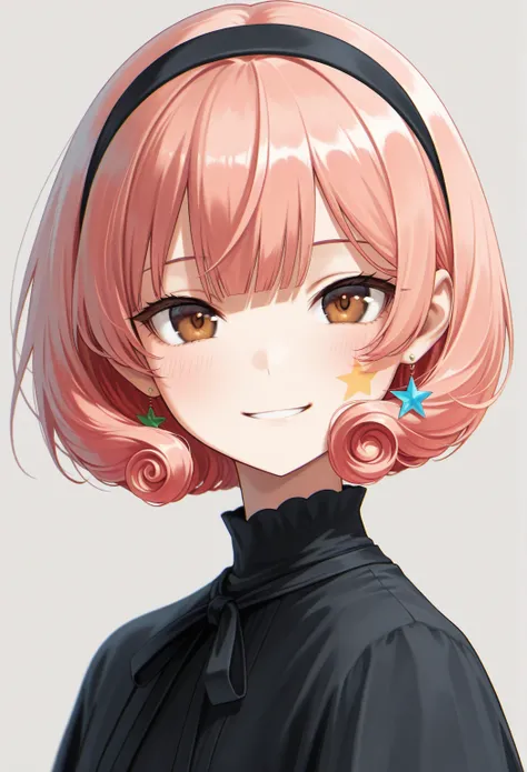 (masterpiece), best quality, extremely detailed, 1girl, solo, shoulder-length fluffy bob haircut, orange pink hair, voluminous ends with outward curls, light and airy ,simple very small black headband, brown eyes,  smiling, light blush on cheeks, star-shap...