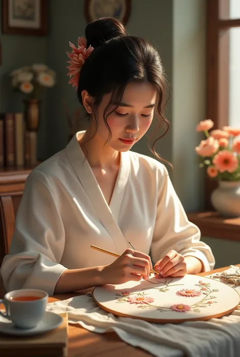 a woman doing embroidery
