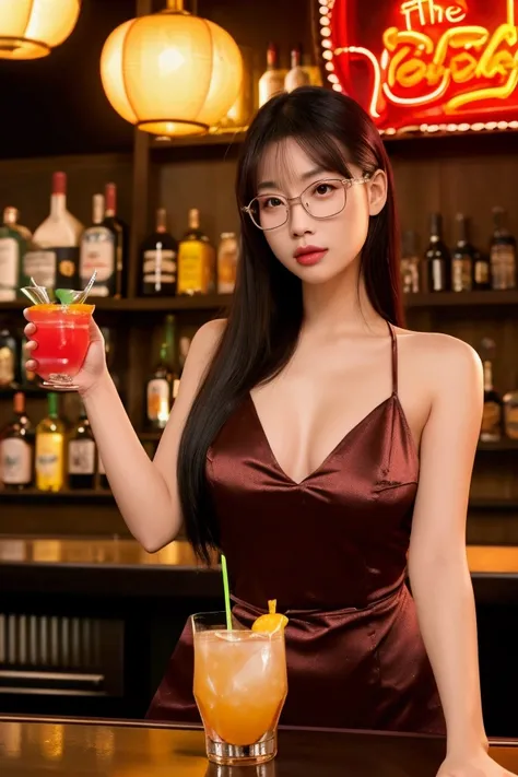 An Asian woman with elegant features, wearing a stylish bartender uniform, gracefully holding a cocktail shaker in both hands. She is actively shaking the mixer, her expression focused and professional. The scene is set in a vibrant neon-lit bar, with colo...