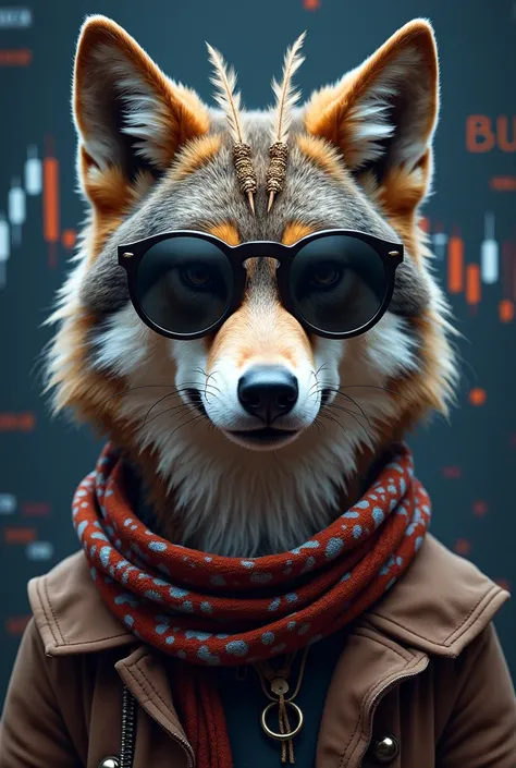 The image depicts a wolf with human-like features, wearing round sunglasses and adorned with accessories such as feathers and threads on its head. It is dressed in a patterned scarf with traditional details. The background includes charts and graphical bar...