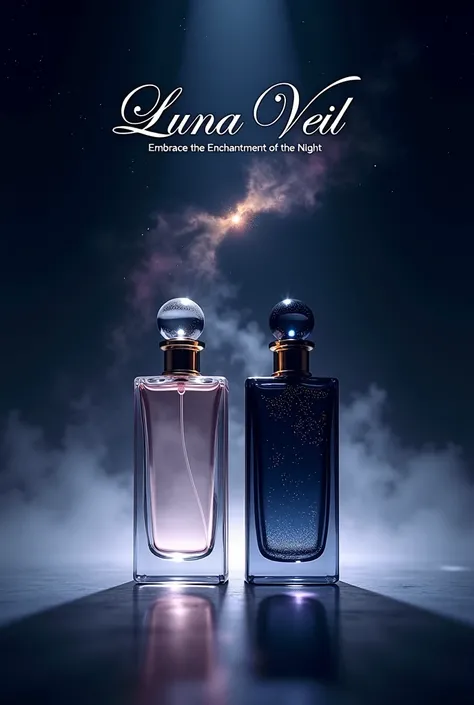 Brand Name: LUNA VEIL
Theme: A mysterious, luxurious, and ethereal feel that evokes both elegance and intrigue.
Scene: Set against a dark, cosmic backdrop with soft, glowing mist weaving through the scene. The perfume bottles should appear to be softly ill...