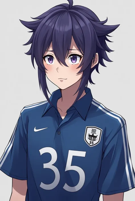 “blue lock” style 
This character is male,  moderately shaped body and tall height .  Position in the front field , He occupies the number 35 .  He has quite dark purple hair and his hair cut is a wolf cut.  His eyes are white and elongated giving an Asian...