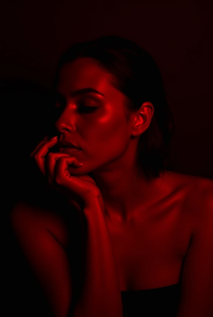 A dramatic, artistic portrait of a woman in low-key lighting with a bold red hue casting across her face and shoulders. The image features a dark, minimalistic background that enhances the contrast and highlights her profile. The womans expression is conte...