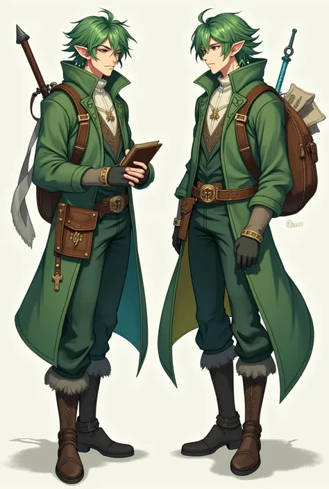 fais moi un haut-elfe avec les cheveux vert un peu comme riveria dans danmachi, et masculin. un petit grimoire dans la main et un sac a dos et des vêtements ordinaires. fais 2 pose différentes 