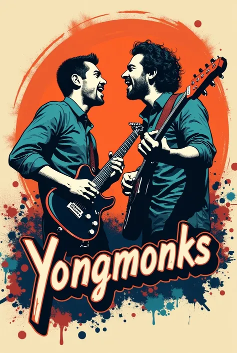 Create a image of a logo for two people(male) music band which contains a guitarist and a vocalist their band name is yonngmonks 