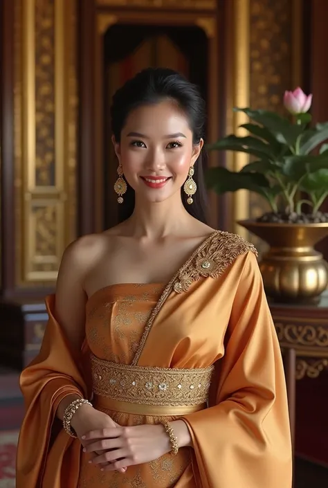 [Subject]: A woman wearing an authentic Thai traditional dress.
[Details]: The dress features a silk top with intricate patterns, paired with a draped shawl and a golden belt adorned with ornate designs. She is accessorized with gold jewelry, including ear...