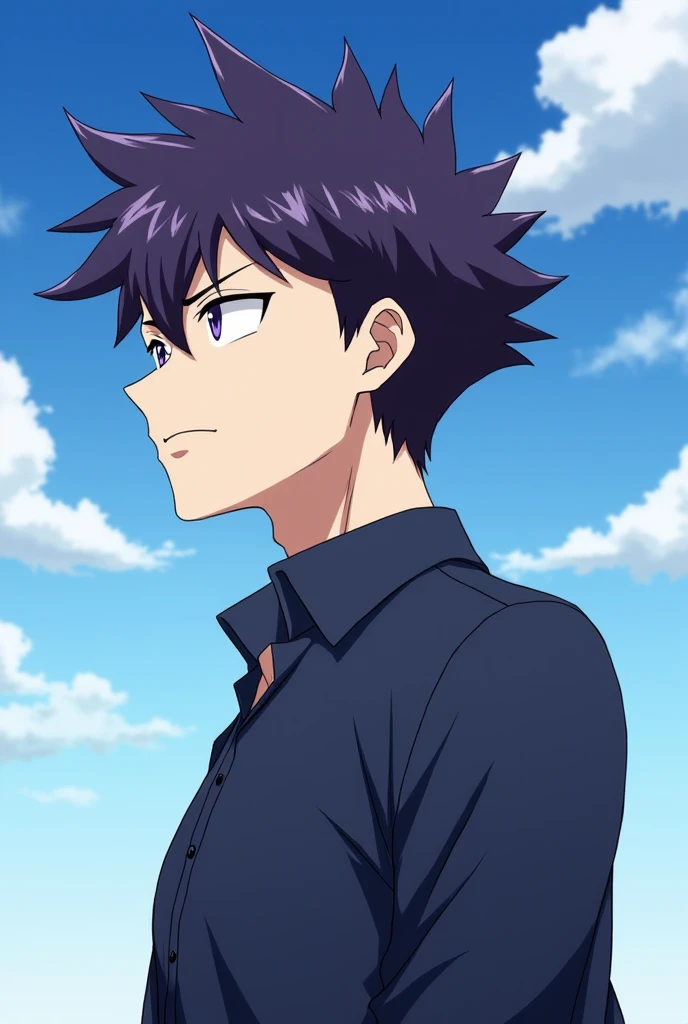 “Blue Lock” anime style 
This character is a man,  moderately shaped body and tall height .  Position in the front field , He occupies the number 35 .  He has quite dark purple hair and his hair cut is a wolf cut.  His eyes are white and elongated giving a...