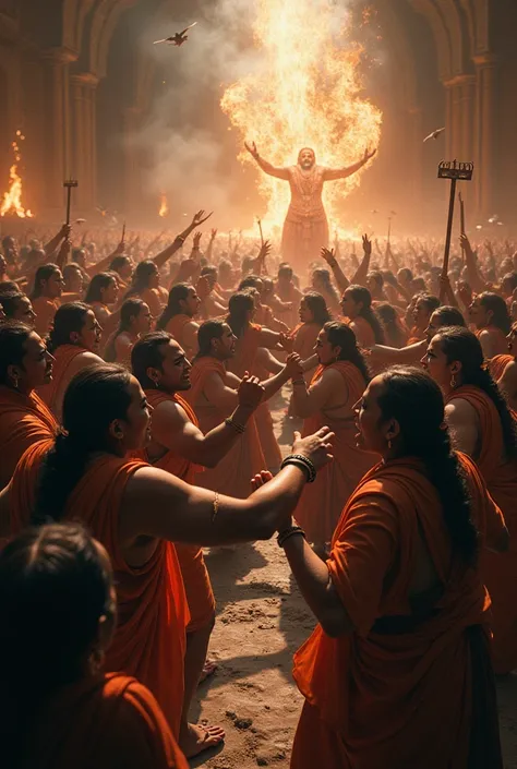 Hindu dharma lot of people fighting among themselves on the related in room 
Dark view high quality vfx look high background high 