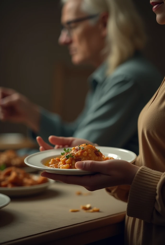 No grandfather and I’m 25 the point of view can include my hand holding a plate of food looking at their side or back profiles without clear faces 