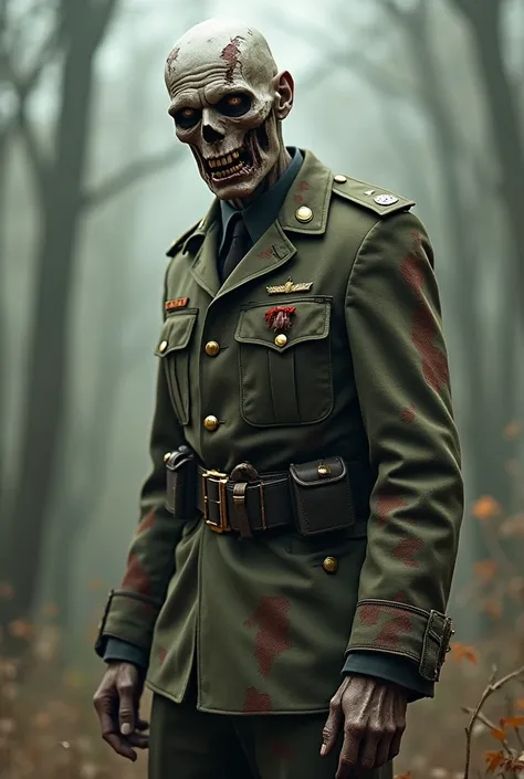 
A tall male zombie with a
strong build, wearing an old military uniform, partially decayed with patches of flesh missing. His face has scars and he has a commanding presence. His eyes still
"show some signs of humanity