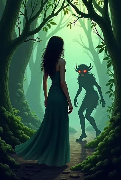  Woman with her back,  in the woods,  the angry chaneque is behind the back of the woman , The chaneque is like a small demon goblin of height , vista semi lateral,  the woman is on the side , Wide view, The chaneque is petizo ,  the woman is looking the o...