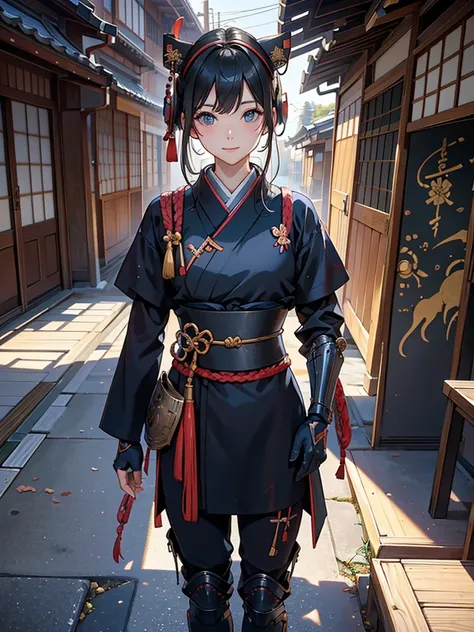  masterpieces at the front door of the house、（ west shots in an Edo period town in Japan:1.3）、 Anime Beautiful Girl、（Age 19）、（Futuristic design earmuffs with perfect Anatomy :1.4）、（6.5 heads）、smile、Military commander、（ Japanese Armor :1.2）、（ Japanese armor...