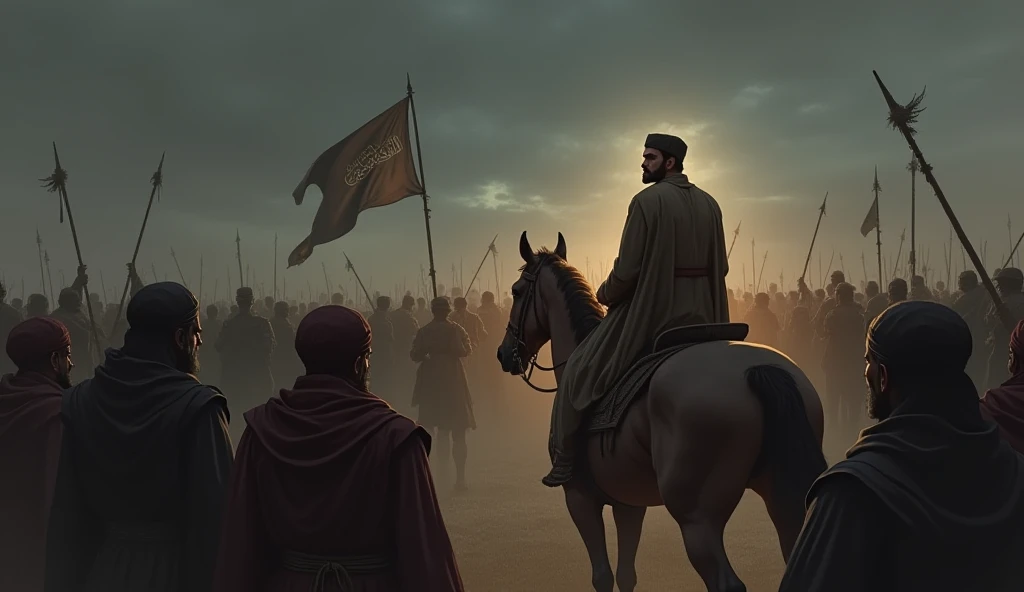 An illustration depicting an emotional moment when Saidina Ali bin Abi Talib Radhiallahu Anhu, in the middle of the battlefield of the Battle of Siffin, was surrounded by his soldiers who insisted that the fighting stop and negotiations begin.  In the midd...