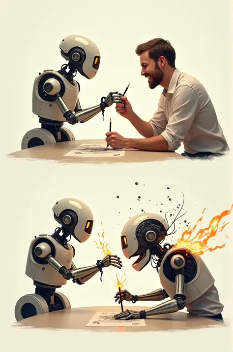 Two funny images .  In the first image the robot holds the shoulder of an adult man drawing.  In the 2nd image the same robot has a short circuit and breaks  