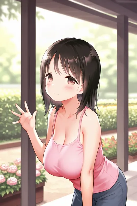  Female Elementary School Girls , black hair,  medium hair,   pink tank top,Petite, Big Breasts,  innocent, garden,  cute face,  standing in a forward leaning position waving at the viewer