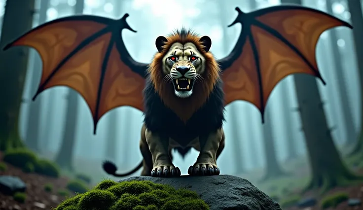 Create a super hybrid fusion of a bat, a lion, and a toad in the same dark forest setting. The creature has the muscular body and majestic mane of the lion, with massive bat wings extending from its back, and the rough, warty skin of a toad. Its face is a ...