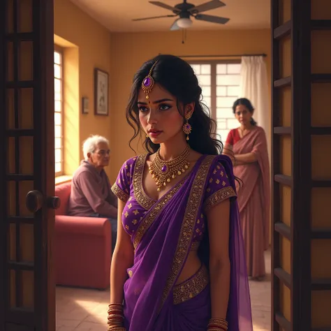 "An Indian woman, adorned with purple gemstones, wearing heavy gold jewelry and a luxurious purple silk saree, luxurious purple blouse with intricate gold embroidery, a young bride, standing near a doorway, looking distressed and upset, watching her mother...