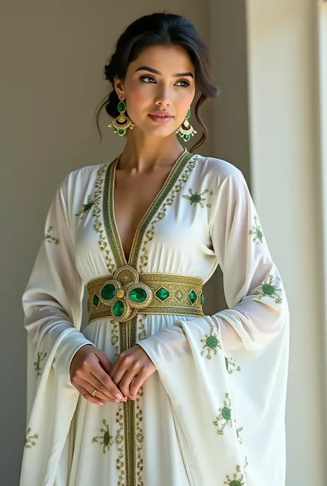 Woman modeling a white Arab dress with lots of green ,  details and a striking gold-colored belt with a green diamond in the center. 