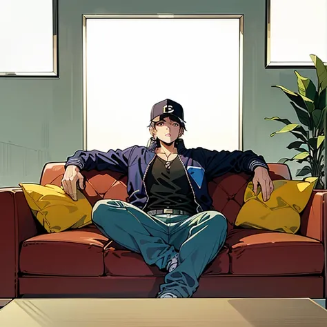 (masterpiece, best quality:1.2), (masterpiece, best quality:1.2), a portrait boy (((wearing baseball cap and bomber jacket)))with blue jeans pants,sitting on sofa,((bersandar di sofa dengan kedua tangan di rentangkan, dan crossed legs,))) in an aesthetic r...