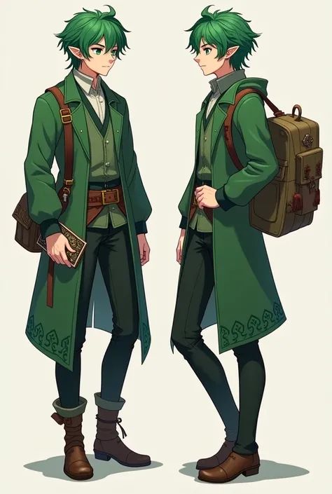 fais moi un haut-elfe avec les cheveux vert un peu comme riveria dans danmachi, et masculin. un petit grimoire dans la main et un sac a dos et des vêtements ordinaires. fais 2 pose différentes 