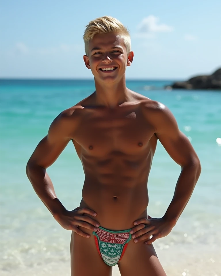 boy, boy 16 лет, лицо boyа 14 лет, body is slender,  the abdomen is flat , Muscular torso,  traced muscles , demonstrate biceps, hands on waist, blond, model haircut ,  smiles, dark skin, in tight, tight green-red-white thongs,  the tubercle in a thong is ...