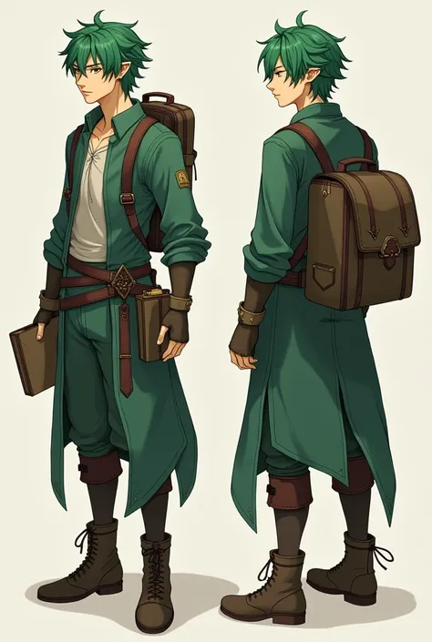 fais moi un haut-elfe avec les cheveux vert un peu comme riveria dans danmachi, et masculin. un petit grimoire dans la main et un sac a dos et des vêtements ordinaires. fais 2 pose différentes 