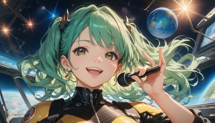 close up, close front view, An anime girl with shoulder-length green hair and warm brown eyes, 
dressed in a sleek, black-and-yellow space pilot suit with metallic 
patches on her shoulders. Shes leaning back with her hands, microphone in right hands, anim...