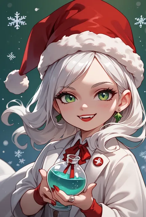  Girl with long white hair,  green eyes ,  a vampire, A frowning smile, in a white doctors coat, with a glass flask in his right hand , in a Christmas hat ,  looks at the viewer, chibi art 