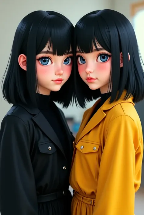 Twins sister they had a black hair and blue eyes. They are  teenage girls. One of them wearing black clothes and the other one wearing yellow clothes 