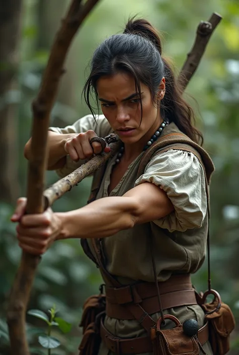 A woman shoots their baby slingshot ,  made of a forked branch and harness