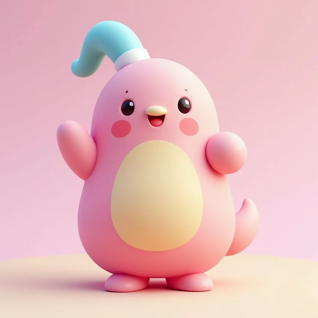 Closu-up of single playful and colorful 3D illustration featuring single whimsical character. The style should include soft, rounded shapes, a vibrant pastel color palette, and detailed textures.  character should have a glossy and smooth finish, with a se...