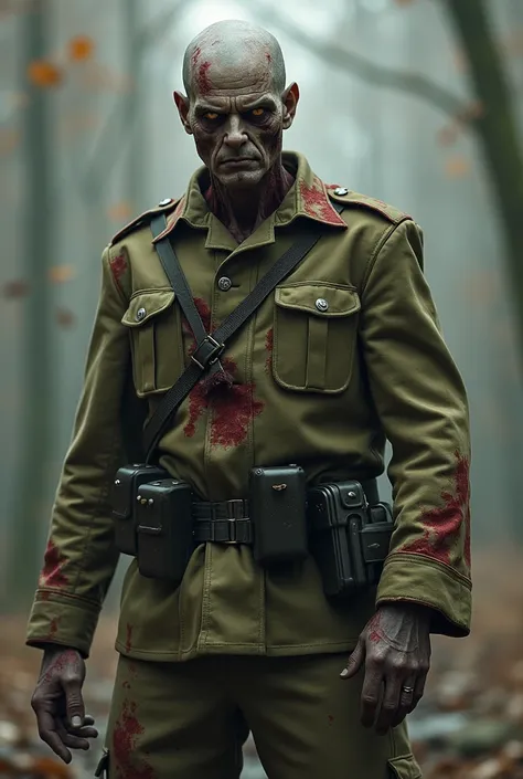 
A tall  Young man zombie with a
strong build, wearing an old military uniform, partially decayed with patches of flesh missing. His face has scars and he has a commanding presence. His eyes still
"show some signs of humanity