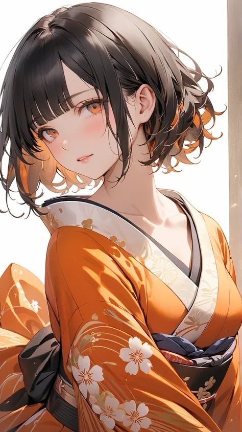 face details,semi realistic, Masterpiece, Master work, perfect proportion, 4K, full body, 1woman,  kimono:1.2, mature body, straight short hair, flat Bangs hair style, mad black colored hair with orange strokes, multicolor hair, soft waves, natural curls, ...