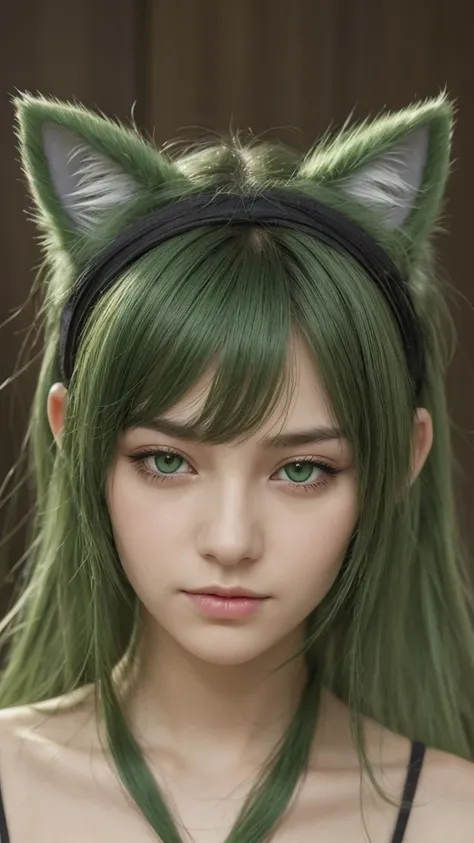 bust shot, a girl, european, extremely detailed face, half-closed eyes, green eyes, long messy hairstyle, green hair, fake cat ears on head