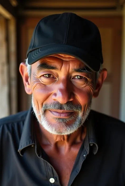  A man with a tampa n face, wearing a black cap, dressed in typical java ,  wooden house background  