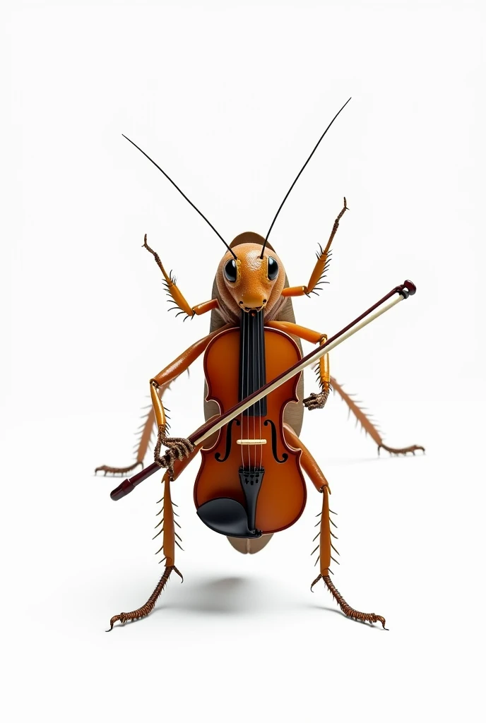 a real cockroach playing violin white background