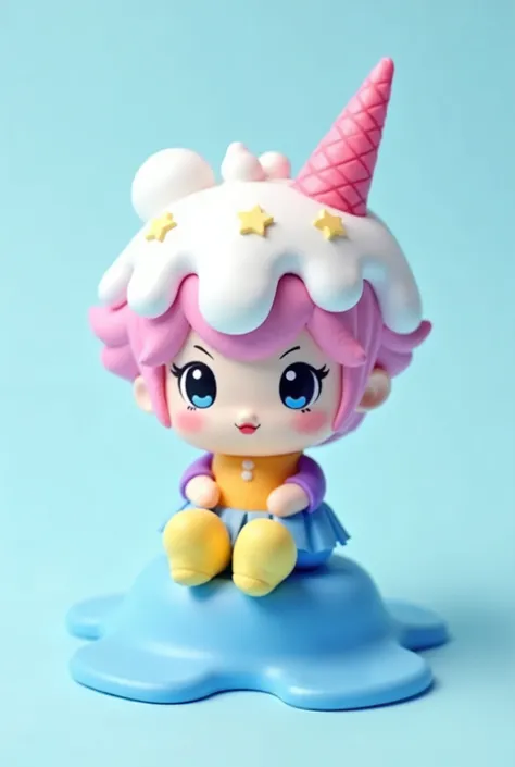 plush chibi , Pop Mart blind box, a cute  in the shape of an ice cream cone, with melted white gummy candy and stars on her head, wearing a blue and purple skirt, yellow boots, sitting on a piece of blue ice that is about to melt, the background is a light...