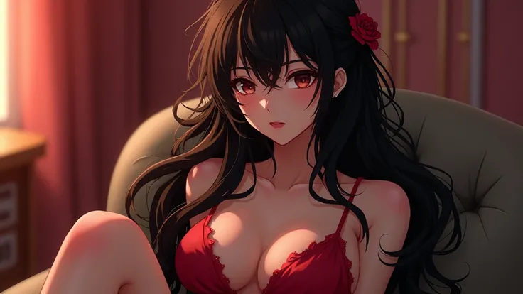 a sexy anime woman, with deep detailed face, long hair, in a room, sitting in a couch