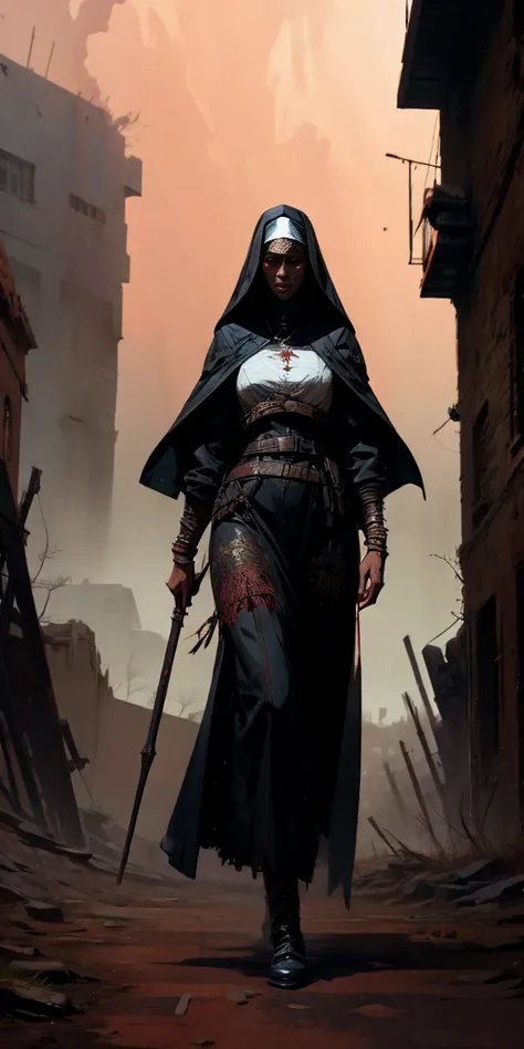 beautiful highly detailed illustration of a black woman, full body, dreadlook hair, warrior nun, (armor), crimson fog and mist, desolate scenery, walking in ruins of a city, high quality, masterpiece, symmetrical, detailed