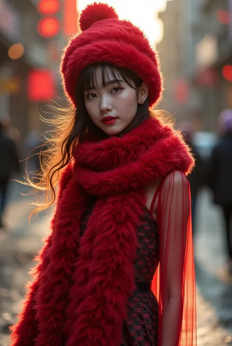 red fluffy hat shaped like an octopus long scarf like tentacles ,  focus face forward beautiful Korean woman glowing face wearing chiffon dress made of black peach scales material g fluffy fur on foot wearing red hills shoes above flood floor Tengelam city...